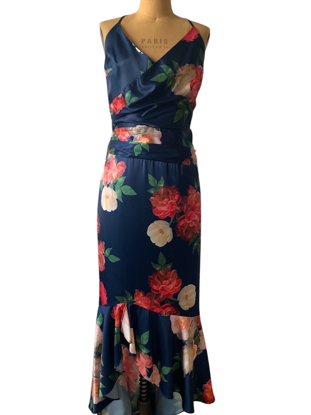 Chi Chi London Navy Floral High-Low Slip Dress with Pink and Cream Blooms